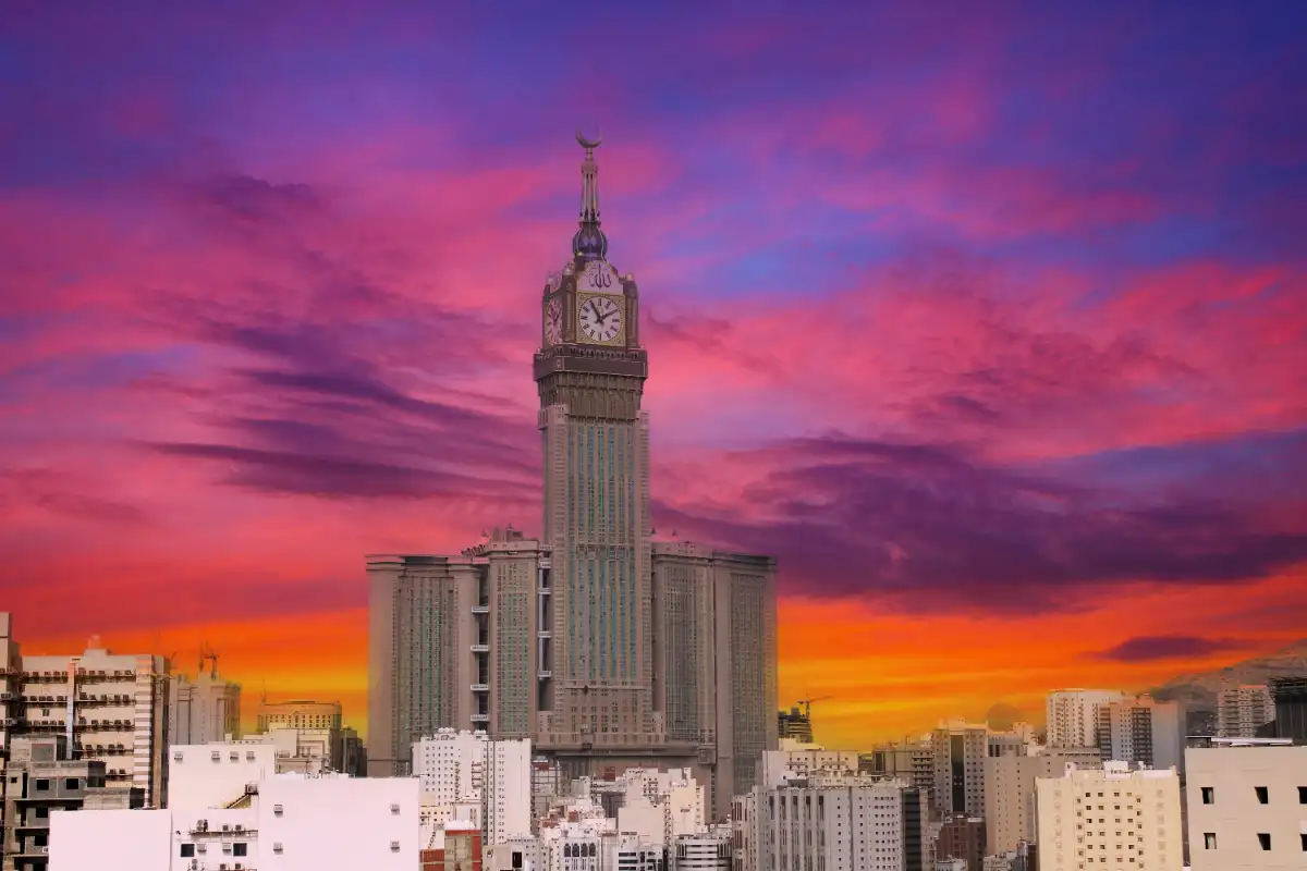 The Makkah Royal Clock Tower above Masjid al-Haram at sunset