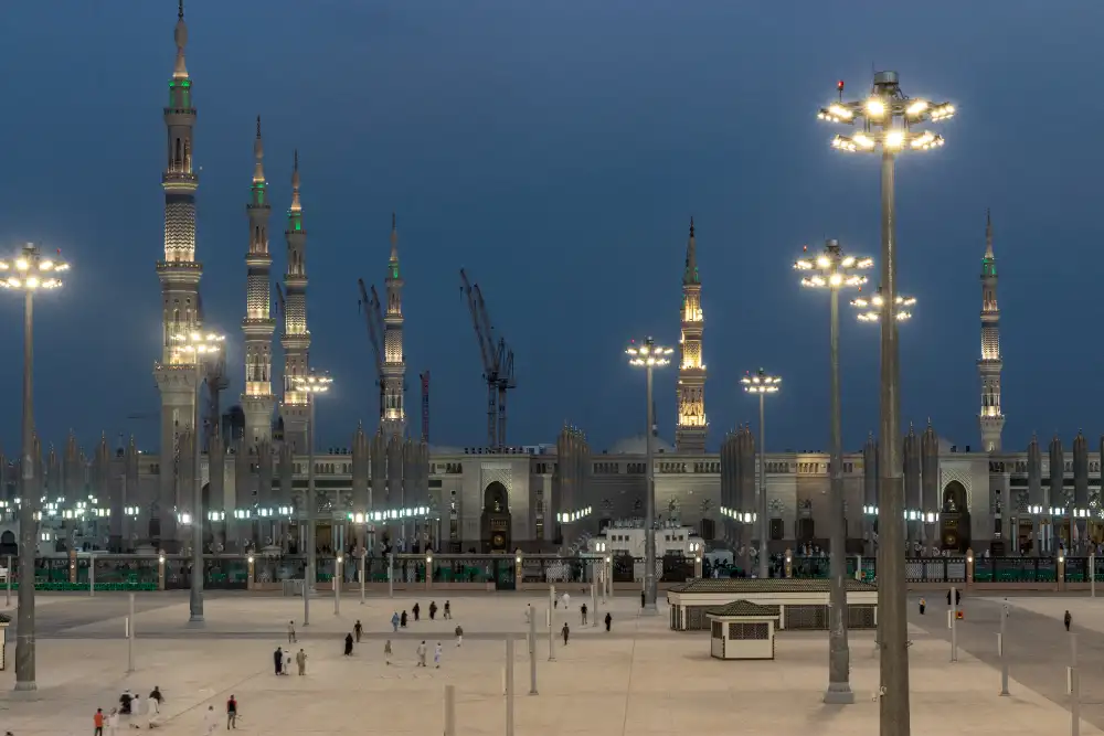 Al-Masjid an-Nabawi and its courtyard at dusk, Madinah