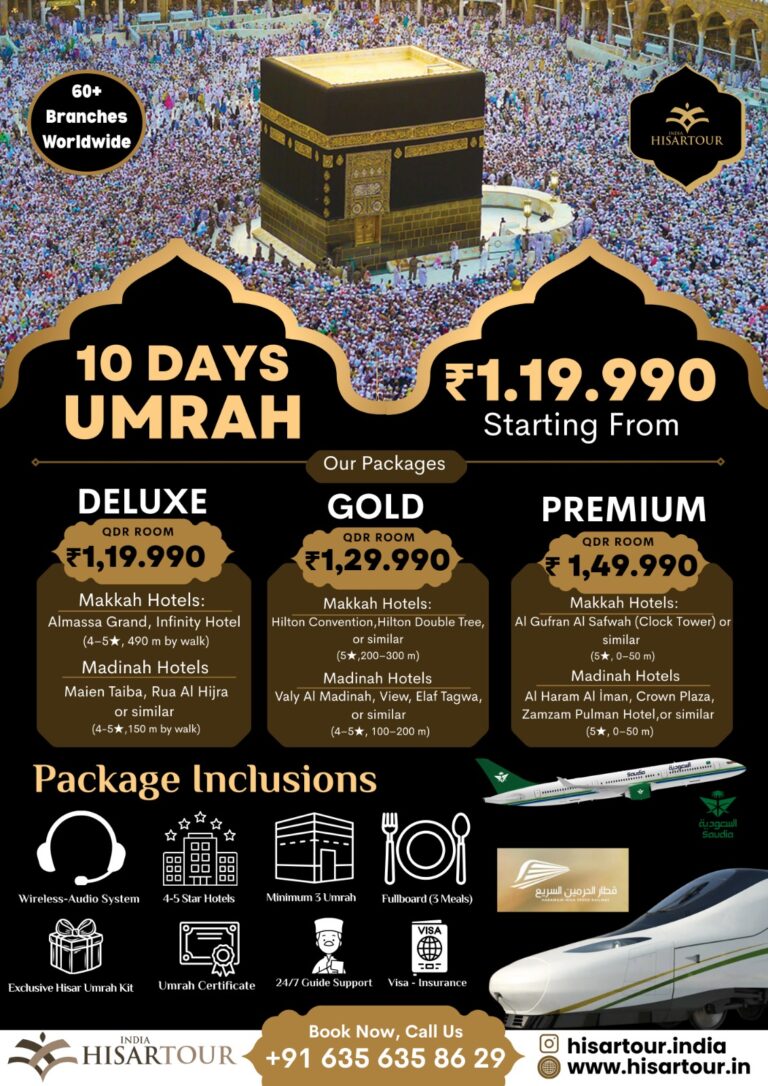 10 Days Umrah Packages from India – Deluxe, Gold & Premium by Hisar Tour